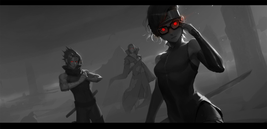 1girl, 2boys, akatsuki_(naruto), akatsuki_uniform, anyuananyuan, arm_at_side, arm_warmers, bandage, bandaged_arm, bandages, bare_shoulders, bodysuit, boruto:_naruto_next_generations, brothers, closed_mouth, family, father_and_daughter, forehead_protector, glasses, glowing, glowing_eyes, hair_intakes, hand_on_eyewear, high_collar, highres, holding, holding_sword, holding_weapon, katana, konohagakure_symbol, letterboxed, multiple_boys, naruto, naruto_(series), naruto_shippuuden, ninja, nose, red_eyes, scabbard, sharingan, sheath, sheathed, short_hair, siblings, sleeveless, spot_color, sword, uchiha_itachi, uchiha_sarada, uchiha_sasuke, weapon, weapon_on_back
