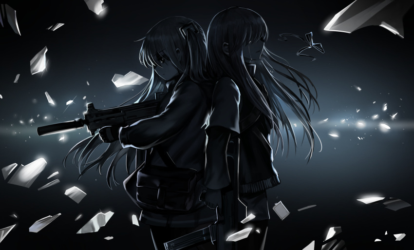 2girls, back-to-back, broken_glass, commentary, dokomon, faceless, faceless_female, from_side