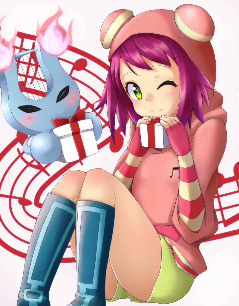 1girl, bangs, blush, boots, box, capcom, fingerless_gloves, gift