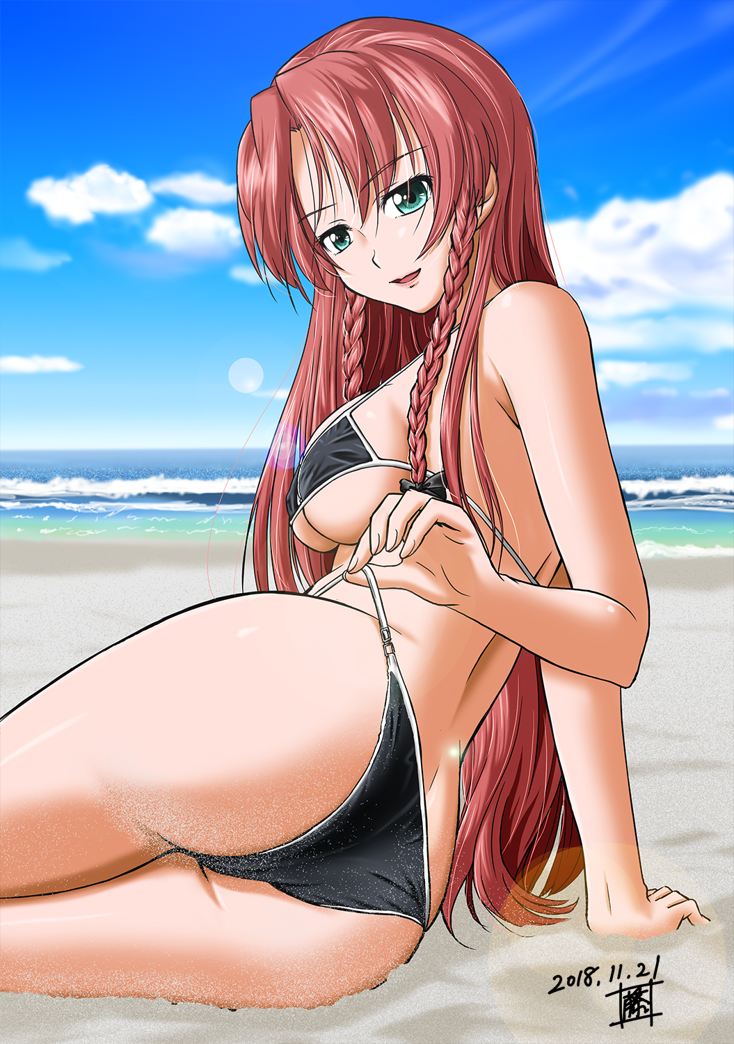 ass, beach, bikini, black_bikini, blue_eyes, braid, breasts, clouds