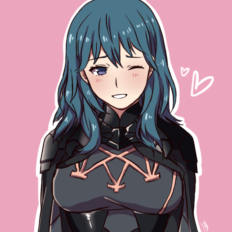 1girl, armor, blue_eyes, blue_hair, blush, breasts, byleth, byleth_(fire_emblem), byleth_eisner_(female), byleth_eisner_(male), byleth_eisner_(male)_(cosplay), cape, cute, female_focus, female_my_unit_(fire_emblem:_three_houses), fire_emblem, fire_emblem:_three_houses, fire_emblem_16, gloves, grey_background, hair_ornament, heart, intelligent_systems, long_hair, looking_at_viewer, maji_(majibomber), majiboomer, medium_hair, my_unit_(fire_emblem:_three_houses), nintendo, one_eye_closed, pink_background, short_hair, simple_background, smile, solo, teeth, uniform, wink