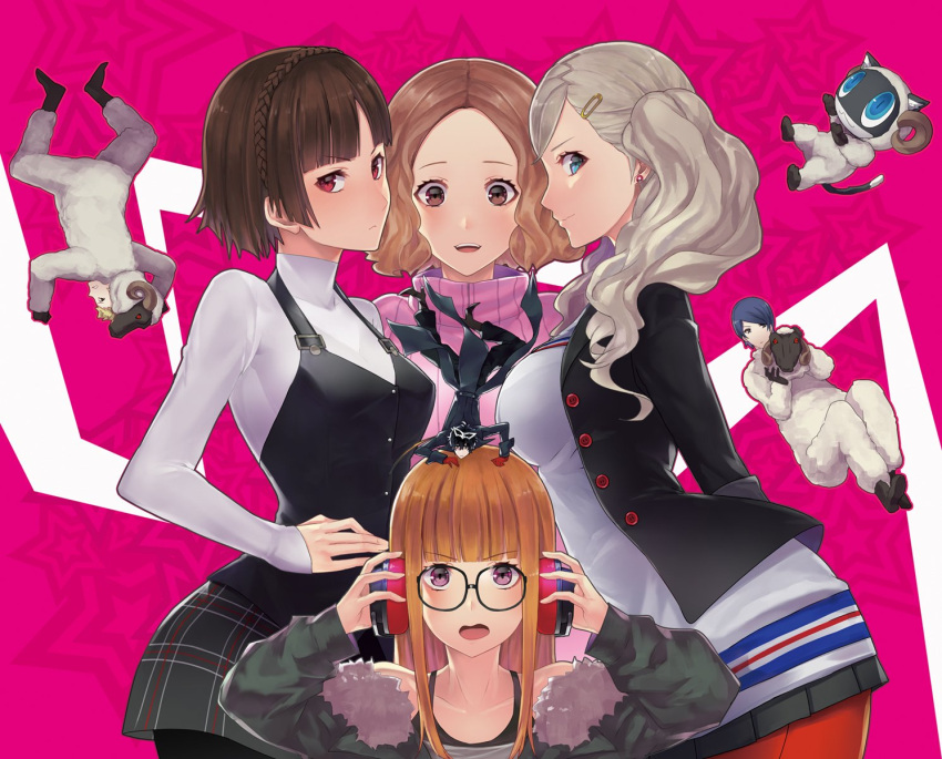 1other, 3boys, 4girls, amamiya_ren, animal, animal_costume, atlus, black_hair