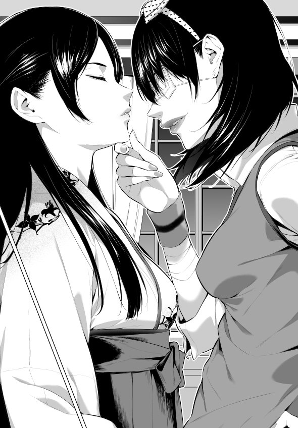 2girls, bandage, bandaged_arm, bandages, bangs, black_hair, breasts, chin_hold