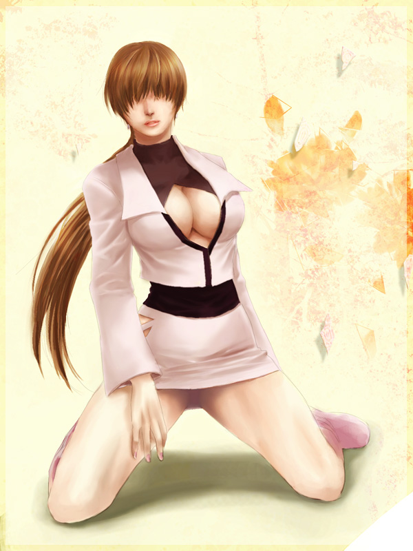 brown_hair, cleavage, cleavage_cutout, hair_over_eyes, kanoca, king_of_fighters, large_breasts, shermie, skirt, snk