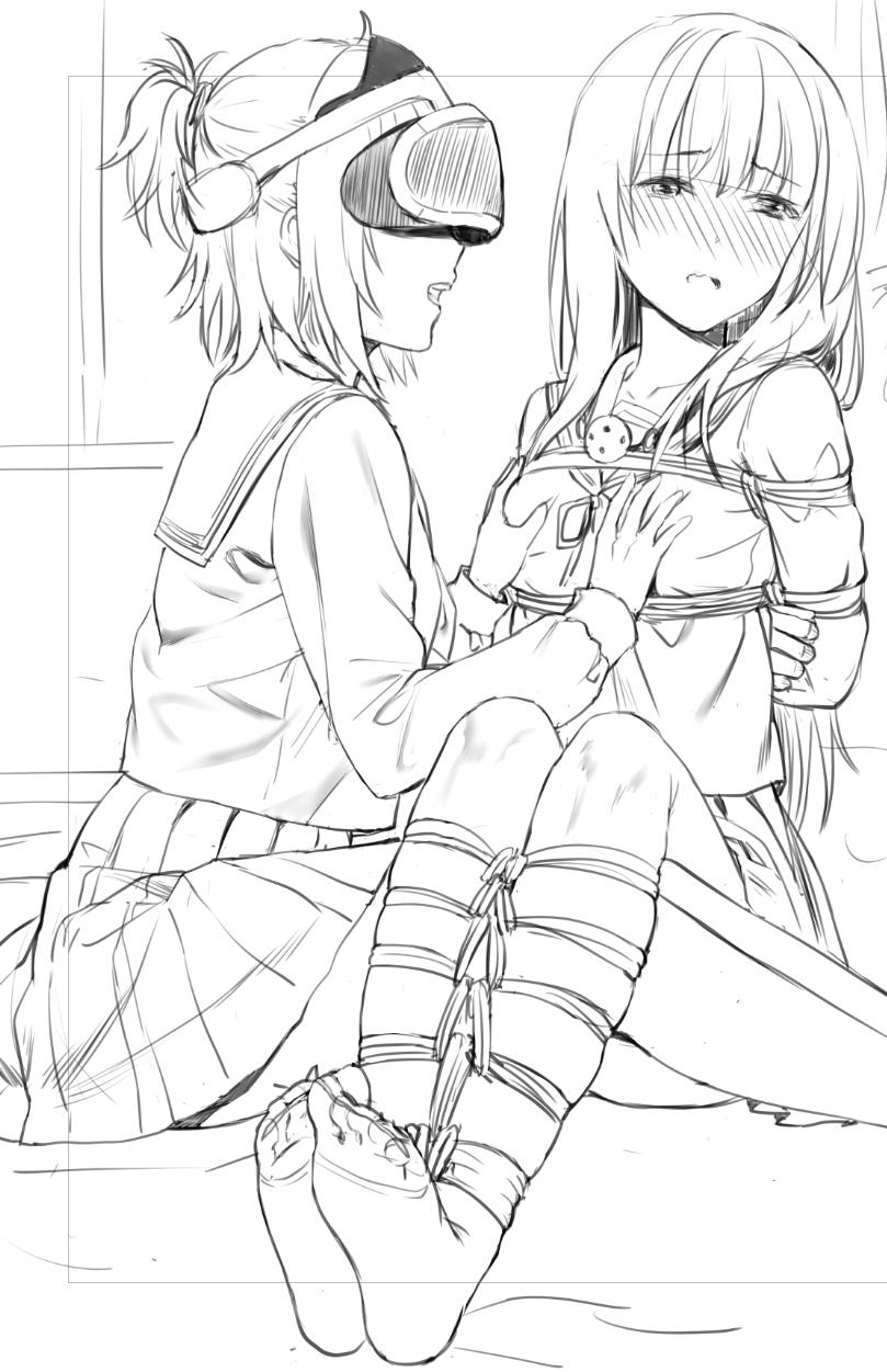 2girls, arm_behind_back, ball_gag, bdsm, bed, bed_sheet, blush, bondage, bound, commentary, commentary_request, eyebrows_visible_through_hair, gag, gag_around_neck, hair_ribbon, hand_on_another's_chest, haneru, highres, legs_on_another's_lap, long_hair, long_sleeves, monochrome, multiple_girls, open_mouth, original, ponytail, ribbon, sailor, shibari, shibari_over_clothes, short_hair, sketch, skirt, teeth, vr_visor, window