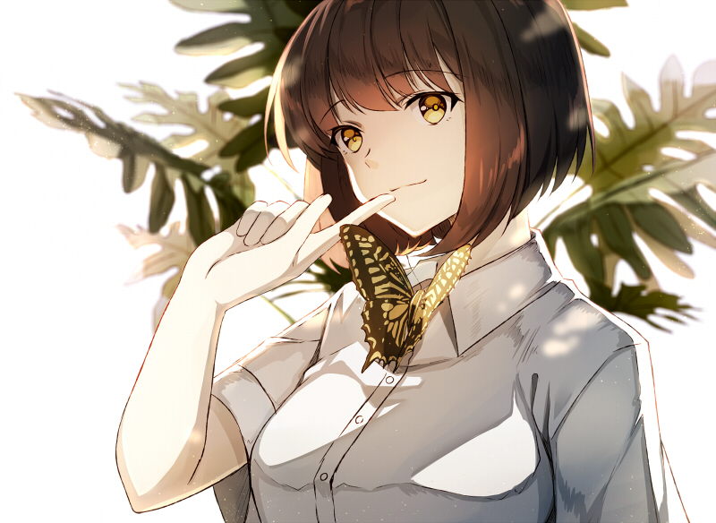 1girl, akami_fumio, animal, bangs, breasts, brown_eyes, brown_hair, bug