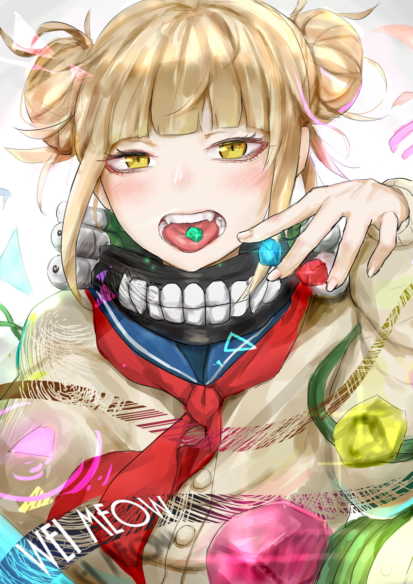 1girl, absurdres, blonde_hair, blue_sailor_collar, boku_no_hero_academia, borrowed_garments, cardigan, double_bun