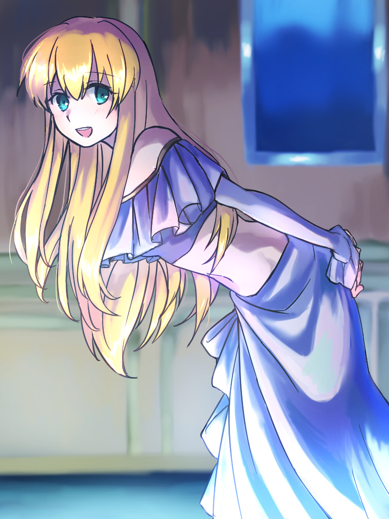 1girl, :d, aldnoah.zero, aqua_eyes, arm_behind_back, asseylum_vers_allusia, bent_over, blonde_hair, crop_top, detached_sleeves, eyebrows_visible_through_hair, from_side, hair_between_eyes, kumakosion, long_hair, long_skirt, long_sleeves, looking_at_viewer, midriff, navel, off_shoulder, open_mouth, shiny, shiny_hair, skirt, smile, solo, stomach, very_long_hair, white_skirt, white_sleeves