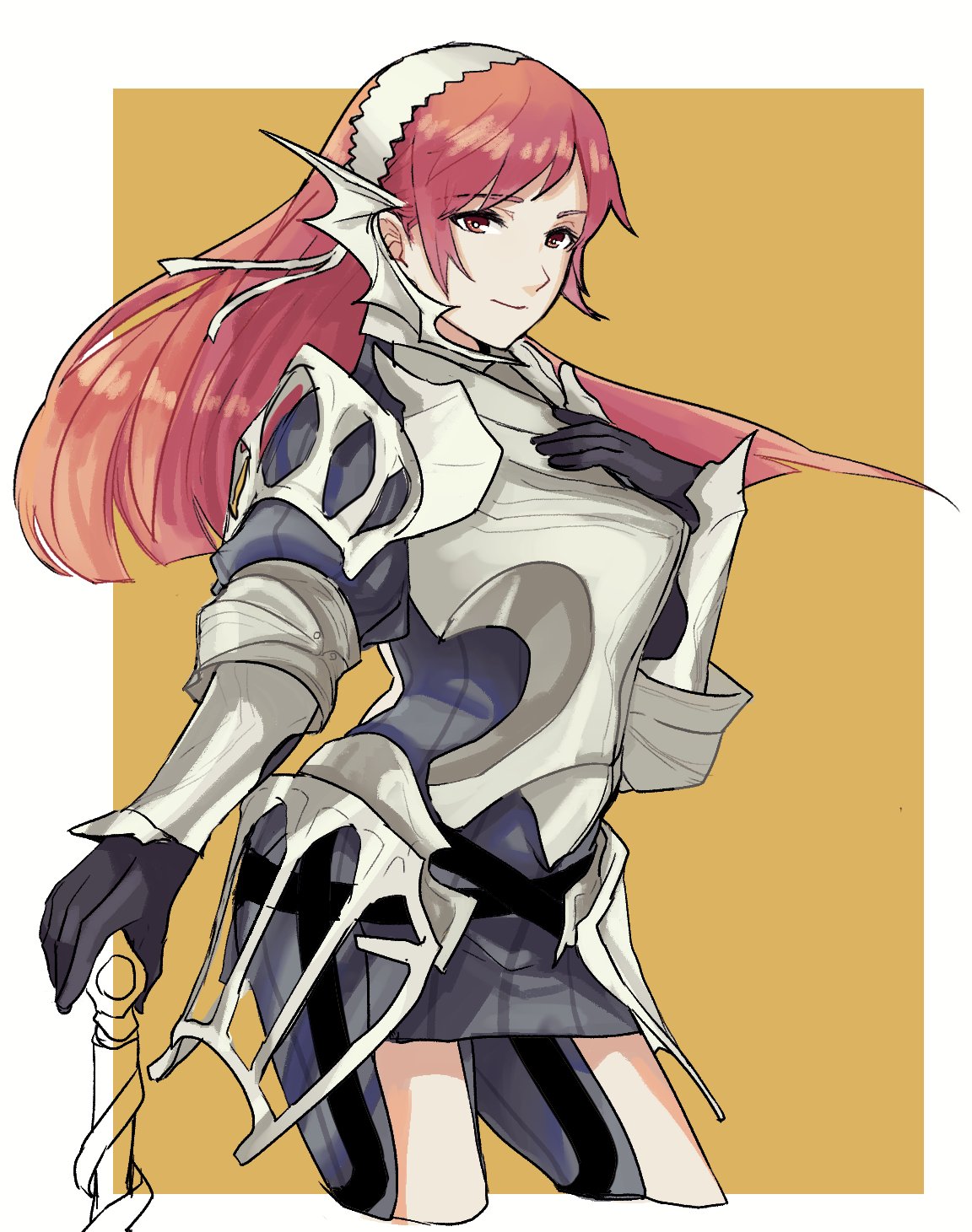 1girl, armor, black_gloves, closed_mouth, fire_emblem, fire_emblem:_kakusei, gloves, hairband, highres, long_hair, misokatsuhaumai, nintendo, red_eyes, redhead, serge_(fire_emblem), simple_background, smile, solo, upper_body