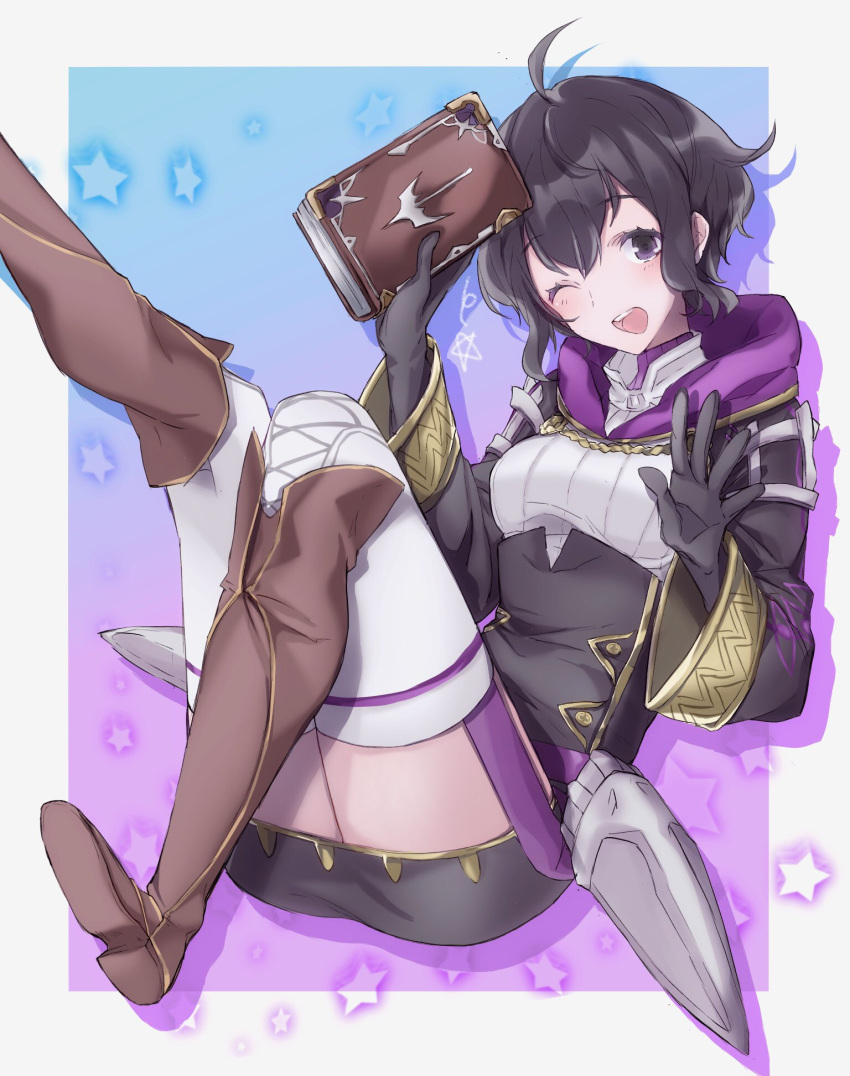 1girl, aiueo1234853, black_gloves, black_hair, book, boots, brown_footwear, dress, fire_emblem, fire_emblem:_kakusei, fire_emblem_heroes, gloves, highres, holding, holding_book, hood, hood_down, knee_boots, long_sleeves, mark_(female)_(fire_emblem), mark_(fire_emblem), nintendo, one_eye_closed, open_mouth, short_dress, short_hair, solo, star, thigh-highs, violet_eyes, white_legwear