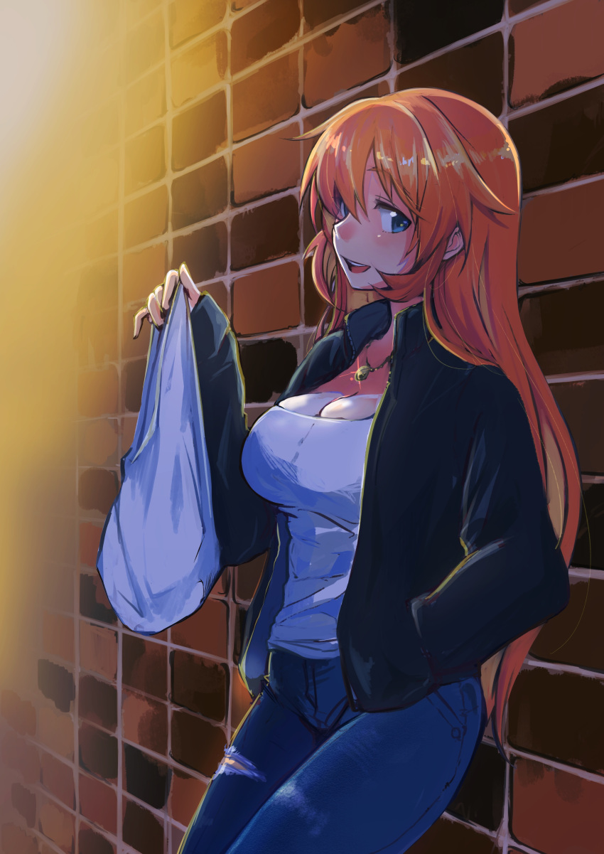 1girl, absurdres, bag, blue_eyes, blush, charlotte_e_yeager, denim, emirio_(user_wmup5874)