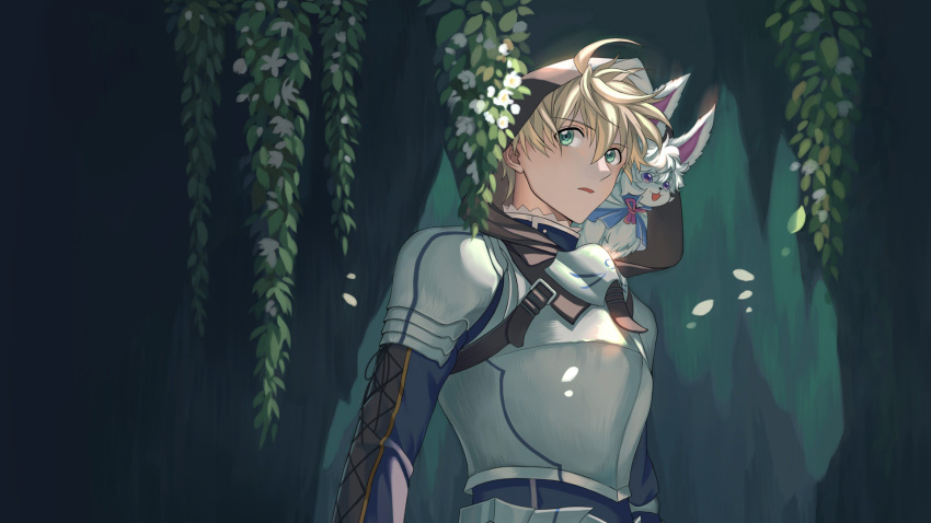 1boy, animal, animal_on_shoulder, armor, arthur_pendragon_(fate), bangs, blonde_hair, breastplate