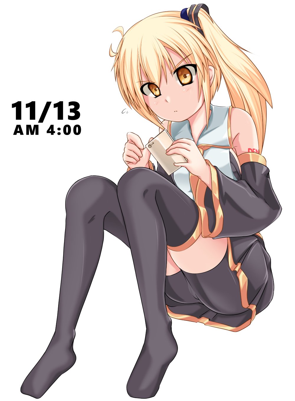 1girl, akita_neru, bare_shoulders, blonde_hair, blush, cellphone, dated, detached_sleeves
