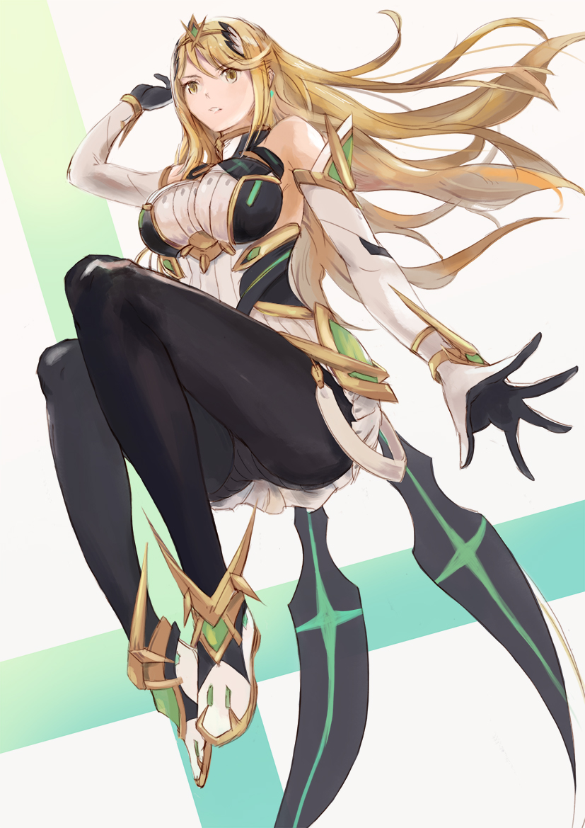 1girl, alternate_costume, armor, bangs, black_legwear, blonde_hair, covered_navel, duu_(derhnky9f4), earrings, gem, headpiece, mythra_(xenoblade), jewelry, long_hair, looking_at_viewer, nintendo, pantyhose, simple_background, solo, super_smash_bros., super_smash_bros._ultimate, swept_bangs, tiara, xenoblade_(series), xenoblade_2, yellow_eyes