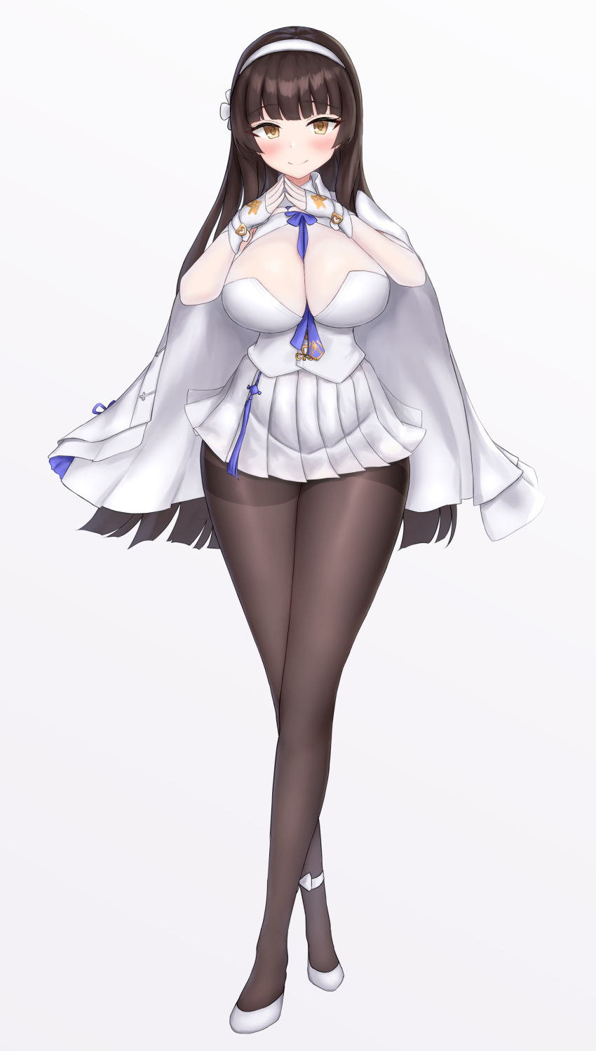 1girl, absurdres, ankle_ribbon, bangs, between_breasts, black_hair, black_legwear, blue_neckwear