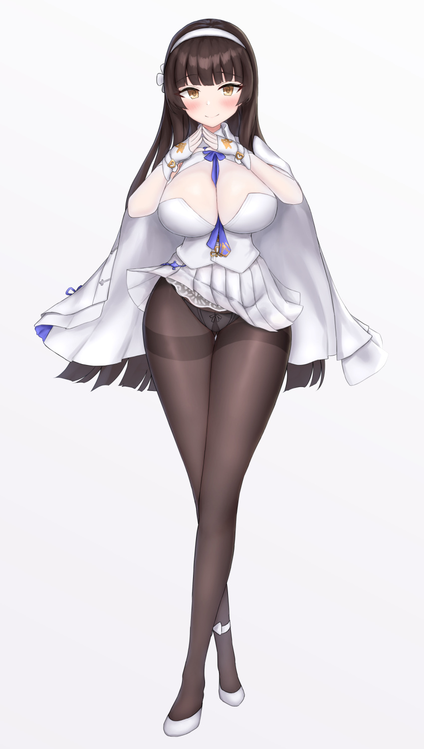 1girl, absurdres, ankle_ribbon, ass_visible_through_thighs, bangs, between_breasts, black_hair, black_legwear