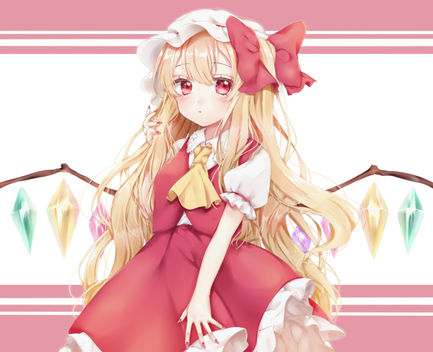 1girl, alternate_hair_length, alternate_hairstyle, ascot, bangs, blonde_hair, blush, bow