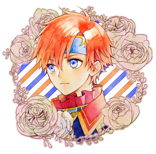 1boy, blue_eyes, european_clothes, fire_emblem, fire_emblem:_fuuin_no_tsurugi, floral_background, flower, headband