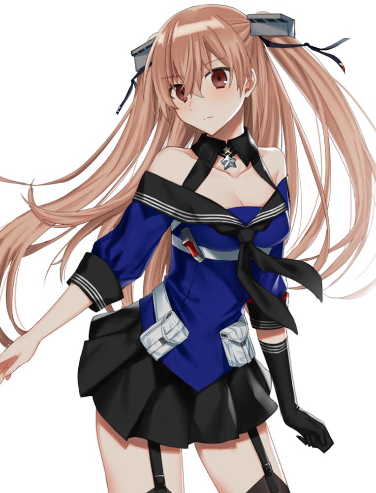 1girl, black_gloves, black_legwear, black_skirt, blue_shirt, breasts, brown_eyes, cleavage, contrapposto, cowboy_shot, engawa_(l_sv), garter_straps, gloves, johnston_(kantai_collection), kantai_collection, light_brown_hair, long_hair, looking_at_viewer, medium_breasts, off_shoulder, pleated_skirt, sailor_collar, school_uniform, serafuku, shirt, simple_background, single_glove, skirt, solo, standing, thigh-highs, two_side_up, white_background