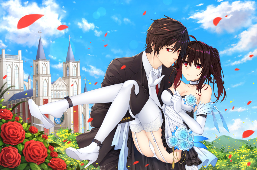 1boy, 1girl, bare_shoulders, black_gloves, blue_sky, braid, breasts, bride