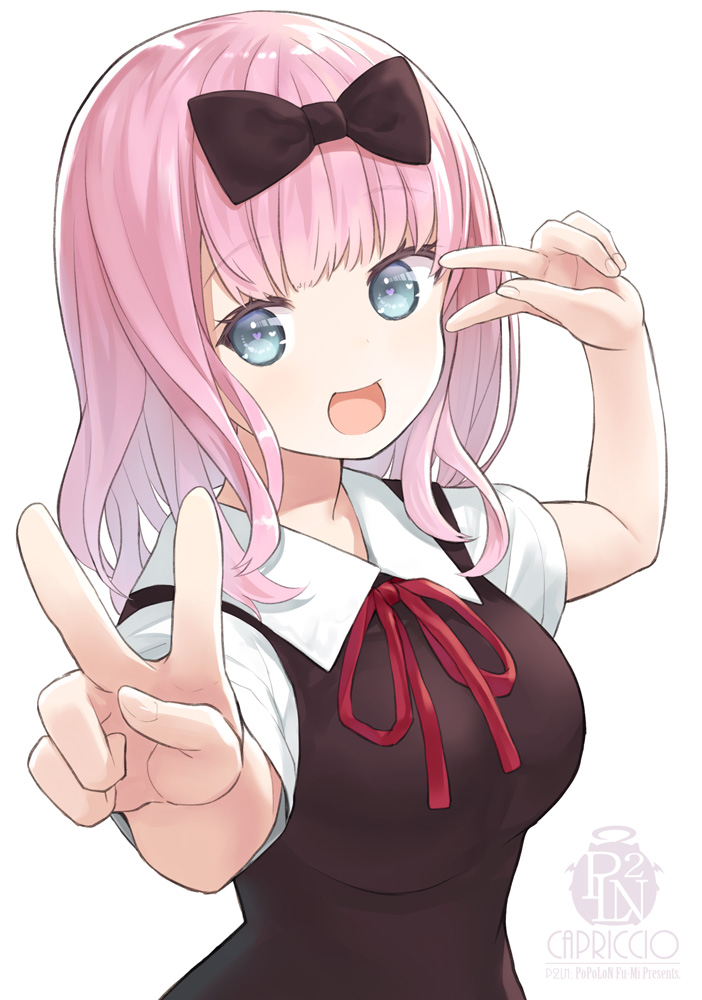 1girl, arm_up, artist_name, bangs, black_bow, black_dress, blue_eyes, bow, breasts, capriccio, collared_dress, commentary_request, double_v, dress, eyebrows_visible_through_hair, fingernails, fujiwara_chika, hair_bow, heart, heart-shaped_pupils, kaguya-sama_wa_kokurasetai_~tensai-tachi_no_renai_zunousen~, long_hair, medium_breasts, neck_ribbon, pink_hair, red_ribbon, ribbon, shirt, short_sleeves, sleeveless, sleeveless_dress, solo, symbol-shaped_pupils, v, v_over_eye, white_background, white_shirt