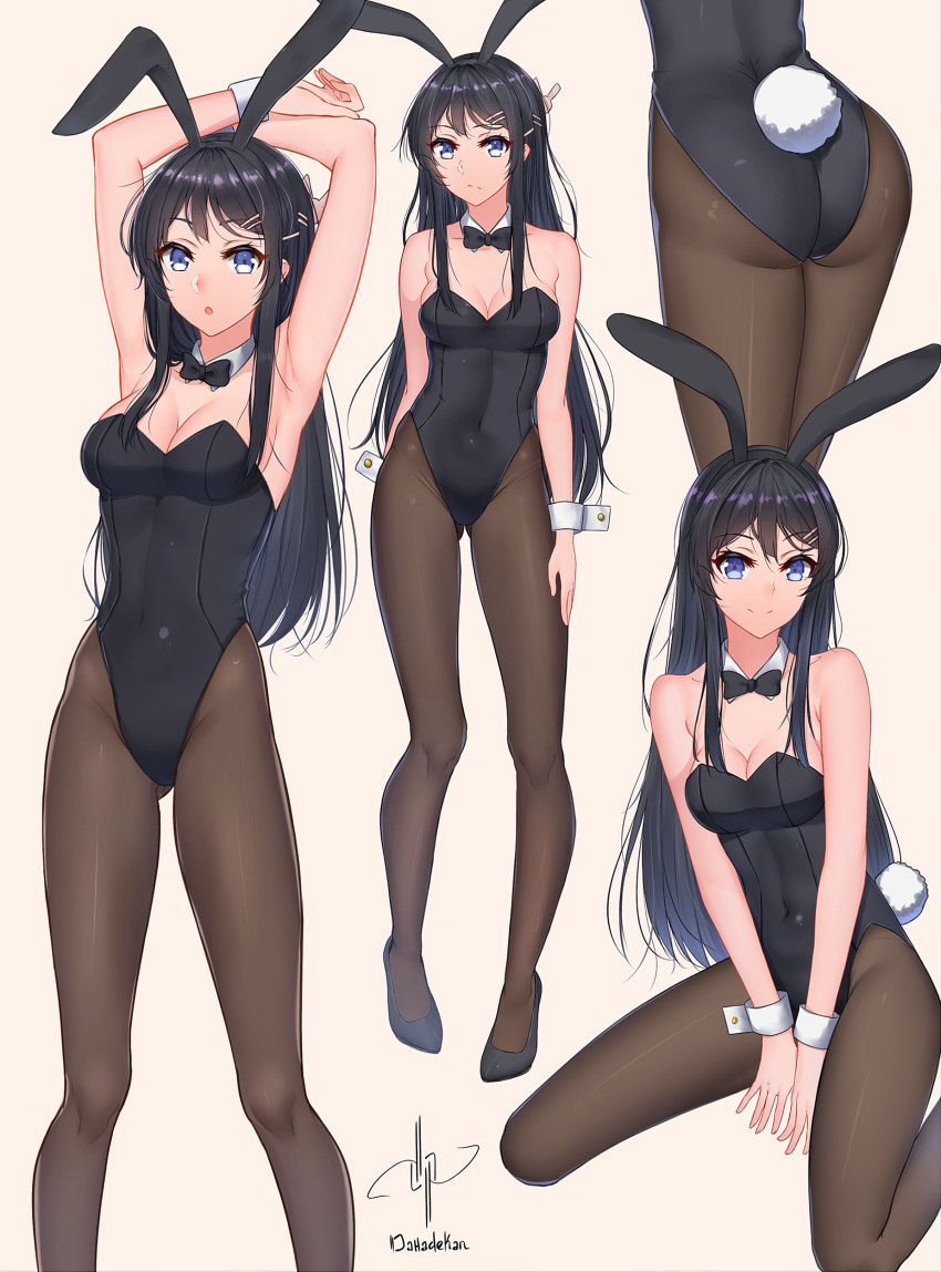 1girl, absurdres, animal_ears, armpits, arms_up, ass, beige_background, black_hair, black_legwear, black_leotard, black_neckwear, bow, bowtie, breasts, bunny_girl, bunny_tail, bunnysuit, cleavage, dahadekan, detached_collar, hair_ornament, hairclip, highres, leotard, long_hair, looking_at_viewer, medium_breasts, multiple_views, pantyhose, rabbit_ears, sakurajima_mai, seishun_buta_yarou, signature, simple_background, sitting, standing, strapless, strapless_leotard, tail, violet_eyes, wariza, wrist_cuffs