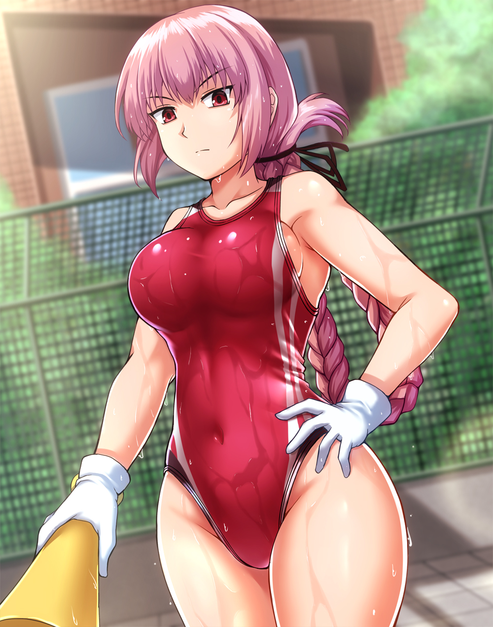 1girl, braid, breasts, collarbone, competition_swimsuit, covered_navel, cowboy_shot, day