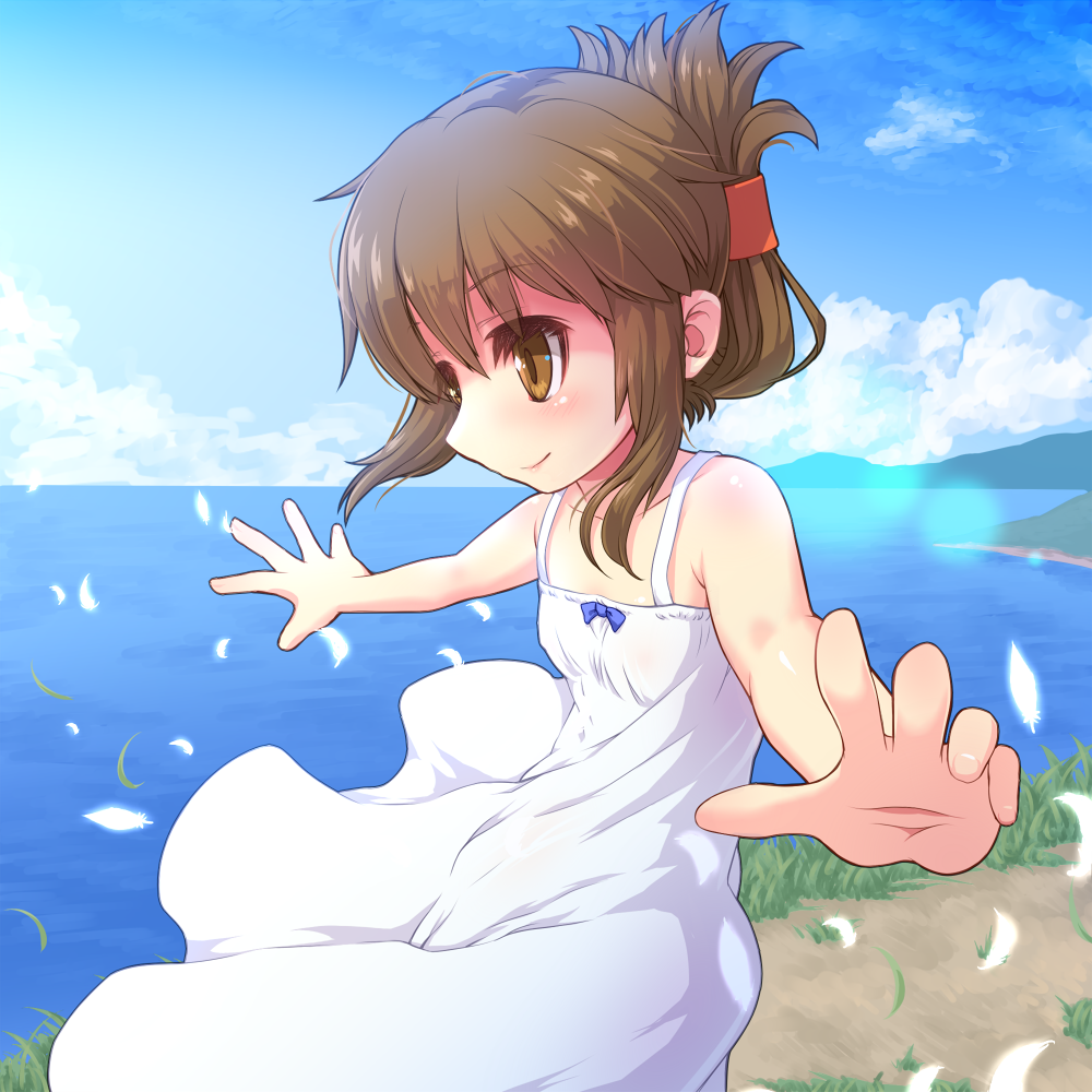 1girl, alternate_costume, blue_sky, brown_eyes, brown_hair, clouds, commentary_request, cowboy_shot