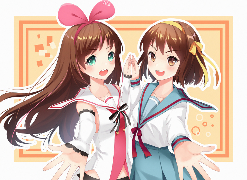2girls, a.i._channel, blue_sailor_collar, blush, brown_hair, eyebrows_visible_through_hair, green_eyes, hairband
