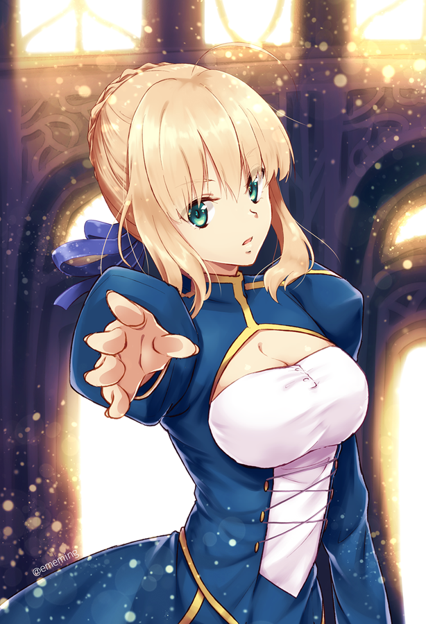 1girl, ahoge, artoria_pendragon_(all), blonde_hair, blue_dress, blue_ribbon, braid, breasts