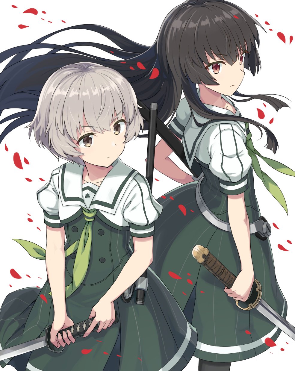 2girls, black_hair, brown_eyes, commentary_request, grey_hair, heijou_institute_school_uniform, highres, iwakura_sanae