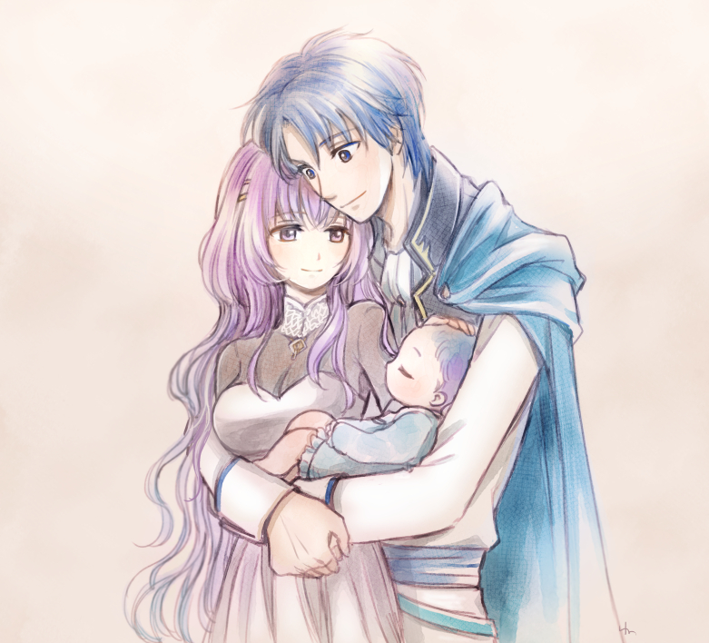 1girl, 2boys, baby, blue_eyes, blue_hair, breasts, cape, celice_(fire_emblem)