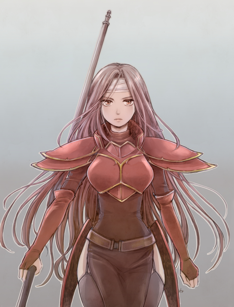 1girl, altenna_(fire_emblem), armor, belt, black_legwear, breastplate, brown_hair, cowboy_shot