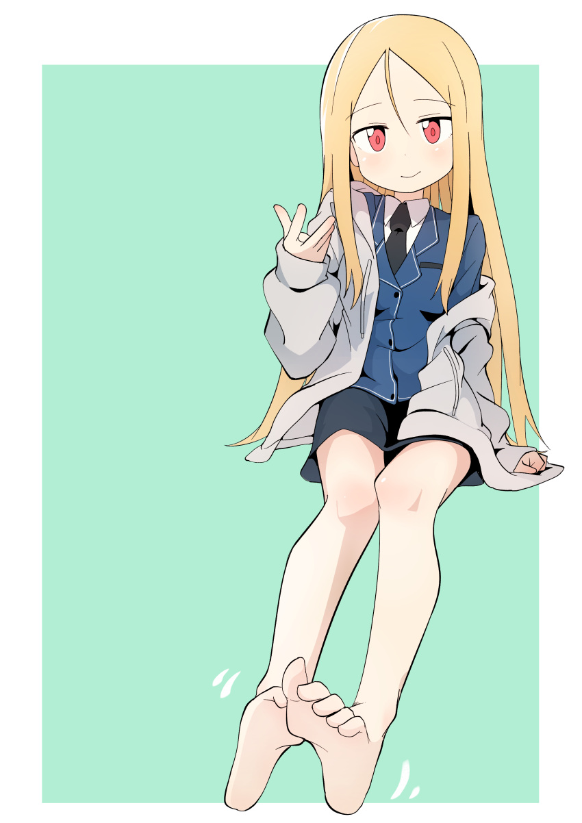 1girl, absurdres, artist_request, barefoot, black_skirt, blonde_hair, blush, bural_chingu