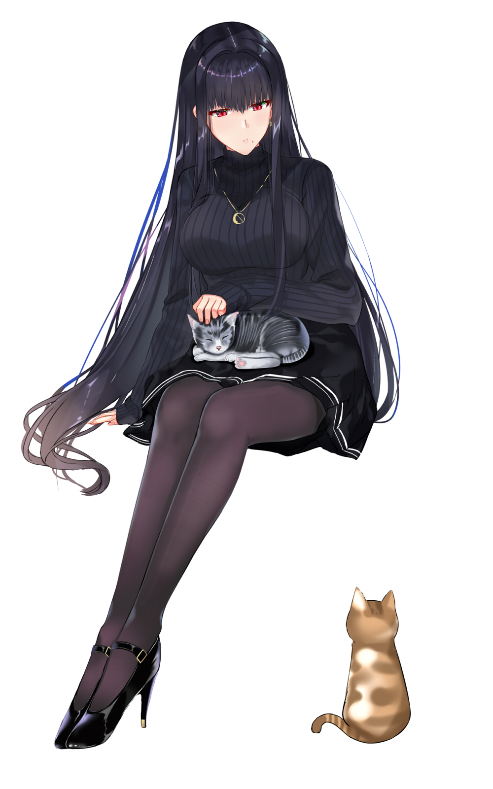 1girl, bangs, black_footwear, black_hair, black_legwear, black_skirt, black_sweater, breasts, cat, earrings, full_body, high_heels, highres, invisible_chair, jewelry, large_breasts, legs, long_hair, looking_at_animal, miniskirt, mole, mole_under_mouth, mukatsukulsp, necklace, original, pantyhose, petting, red_eyes, shoes, simple_background, sitting, skirt, sleeves_past_wrists, solo, sweater, turtleneck, turtleneck_sweater, very_long_hair, white_background
