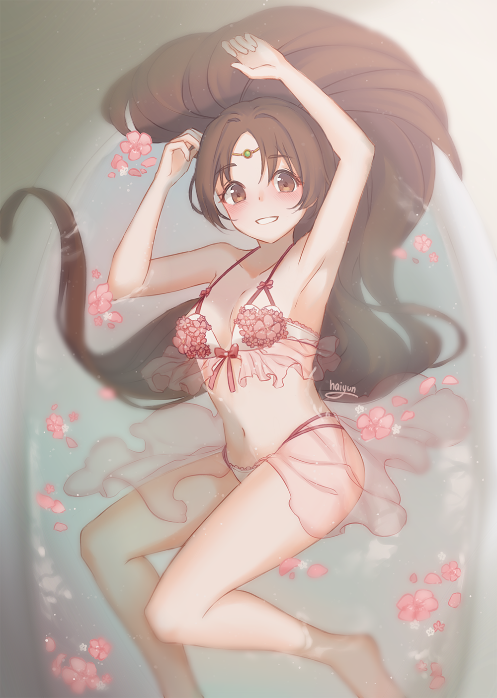 1girl, alternate_costume, armpits, arms_up, artist_name, bathtub, bikini, blush, breasts, brown_eyes, brown_hair, circlet, fire_emblem, fire_emblem:_mystery_of_the_emblem, fire_emblem:_shin_ankoku_ryuu_to_hikari_no_tsurugi, fire_emblem_heroes, flower, frilled_bikini, frills, haiyun, highres, linda_(fire_emblem), long_hair, looking_at_viewer, medium_breasts, nintendo, partially_submerged, petals, signature, smile, solo, swimsuit