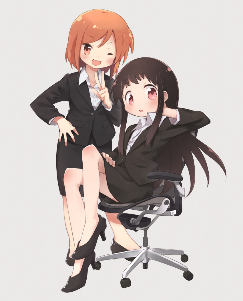 2girls, ;d, a_channel, absurdres, bangs, bare_legs, black_hair, black_skirt