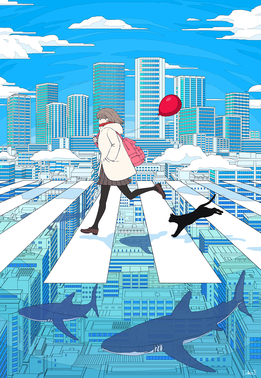 1girl, animal, backpack, bag, balloon, black_cat, black_legwear, blue_sky, brown_footwear, brown_hair, building, cat, city, cityscape, clouds, coat, commentary_request, crosswalk, fish, flying_fish, grey_skirt, hand_in_pocket, highres, hood, hood_down, loafers, medium_hair, original, pantyhose, pleated_skirt, profile, red_balloon, scenery, seraphitalg, shadow, shark, shoes, skirt, sky, skyline, skyscraper, solo, walking