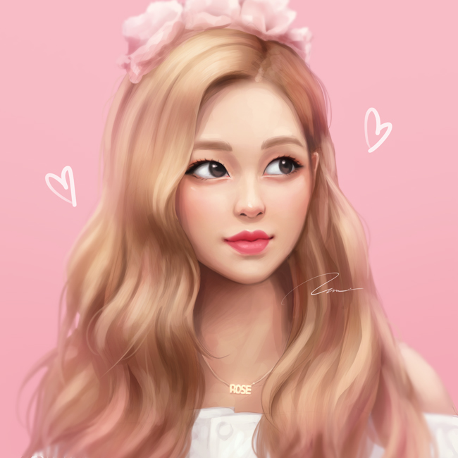 1girl, bare_shoulders, black_eyes, blackpink, blonde_hair, character_request, close-up, closed_mouth, face, flower, hair_flower, hair_ornament, hairband, heart, jewelry, lips, long_hair, looking_to_the_side, necklace, pink_background, simple_background, solo, umigraphics