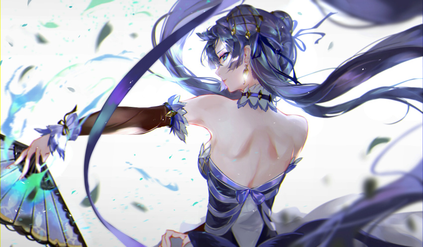1girl, aerokinesis, bare_back, bare_shoulders, bellona_(epic7), black_hair, blue_eyes, detached_sleeves