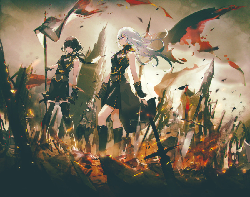 2girls, absurdres, battle_standard, battlefield, black_clothes, black_hair, black_skirt, boots