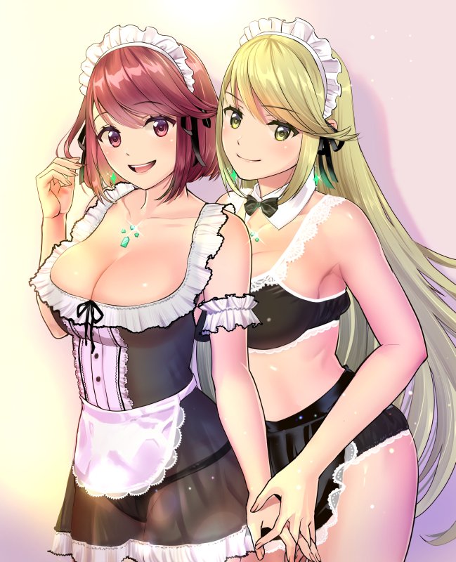 2girls, apron, bangs, bare_shoulders, blonde_hair, blush, breasts, cleavage