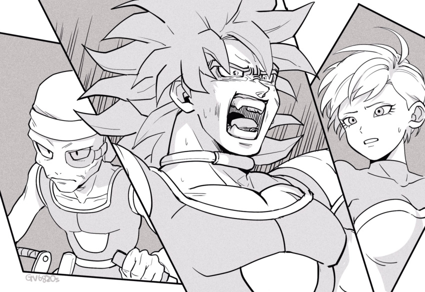 1girl, 2boys, angry, armor, breasts, broly_(dragon_ball_super), chirai, commentary_request