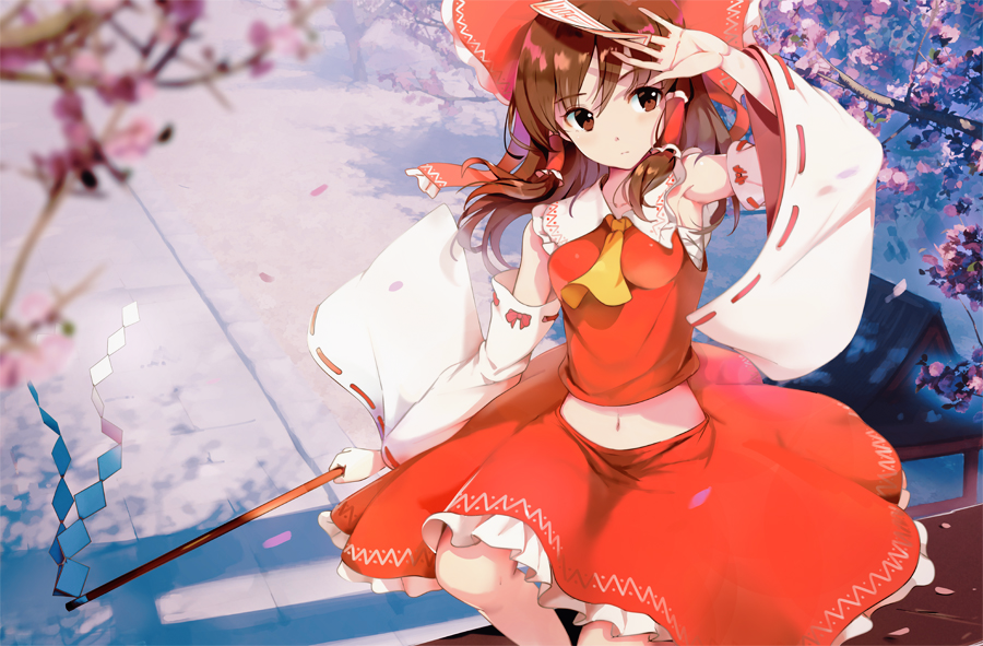 1girl, armpits, ascot, bow, breasts, brown_eyes, brown_hair, cherry_blossoms, day, detached_sleeves, expressionless, eyebrows_visible_through_hair, gohei, hair_bow, hair_tubes, hakurei_reimu, medium_breasts, medium_hair, midriff, navel, nontraditional_miko, ofuda, petals, shinokawa7, solo, touhou, wide_sleeves