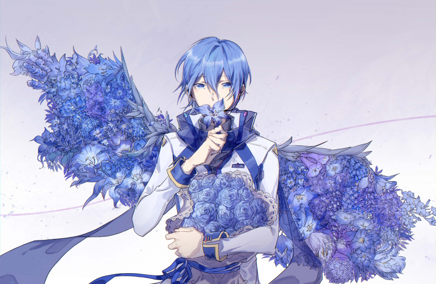 1boy, blue_eyes, blue_flower, blue_hair, blue_rose, bouquet, commentary, covering_mouth