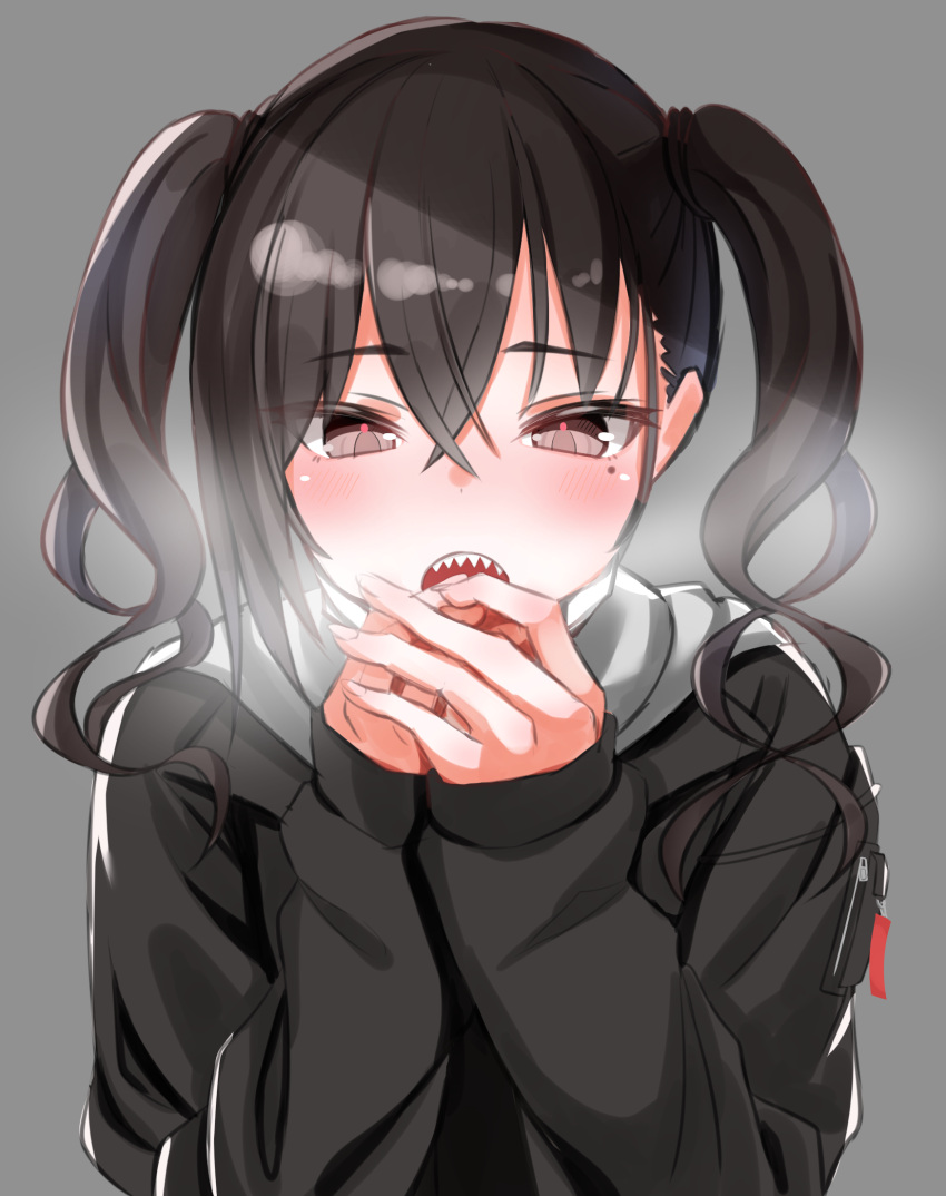 1girl, bangs, black_hair, black_jacket, blush, breath, breathing_on_hands, brown_eyes