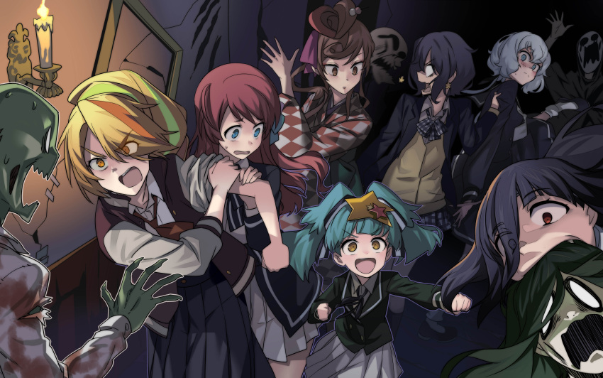 6+girls, absurdres, aqua_hair, argyle_kimono, bandage, biting, black_dress, black_hair