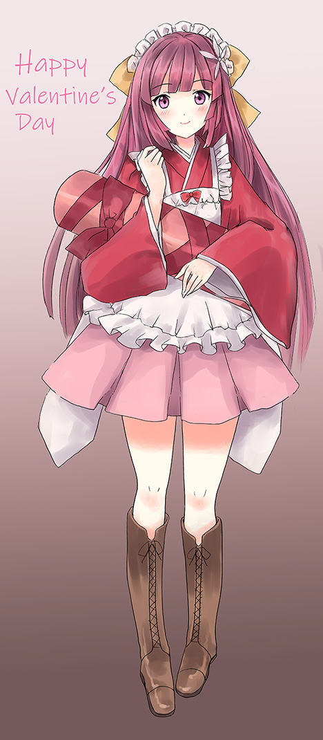 1girl, apron, boots, bow, brown_footwear, cross-laced_footwear, flower, frilled_apron