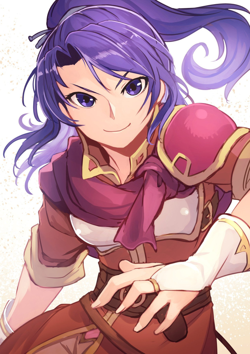1girl, armor, bangs, belt, blue_eyes, blue_hair, breastplate, bridal_gauntlets, closed_mouth, commentary_request, female_focus, female_my_unit_(fire_emblem:_shin_monshou_no_nazo), fingernails, fire_emblem, fire_emblem:_mystery_of_the_emblem, fire_emblem:_new_mystery_of_the_emblem, fire_emblem:_shin_monshou_no_nazo, highres, intelligent_systems, kris_(fire_emblem), kris_(fire_emblem)_(female), long_hair, looking_at_viewer, my_unit_(fire_emblem:_shin_monshou_no_nazo), nakabayashi_zun, nintendo, ponytail, shiny, shiny_hair, short_sleeves, shoulder_armor, shoulder_pads, simple_background, smile, solo