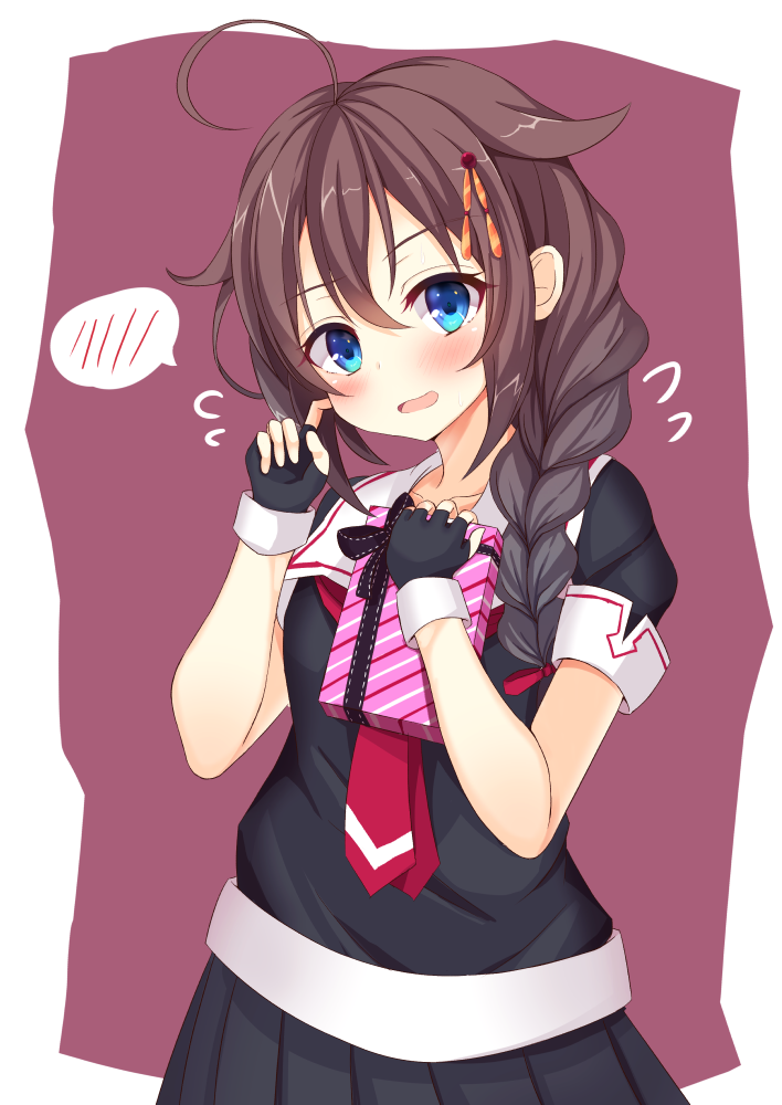 1girl, ahoge, black_gloves, black_serafuku, black_skirt, blue_eyes, blush, braid